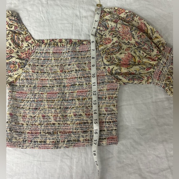 Talisman Square Neck Vintage Lotus Floral Print Smocked Firelight Cropped Top - Picture 9 of 10